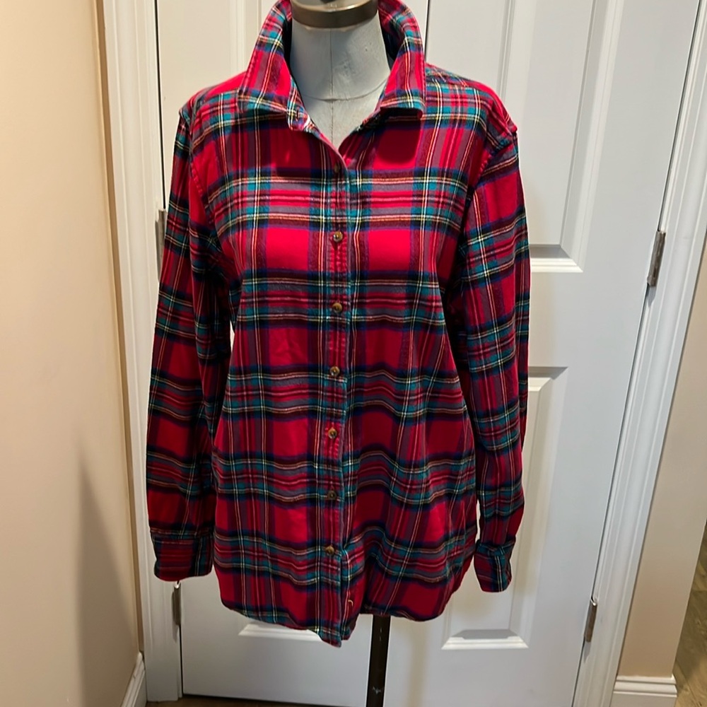 LANDS' END SIZE 16 RED PLAID FLANNEL BUTTON FRONT SHIRT
